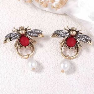Vintage Gold Red Bee Earrings